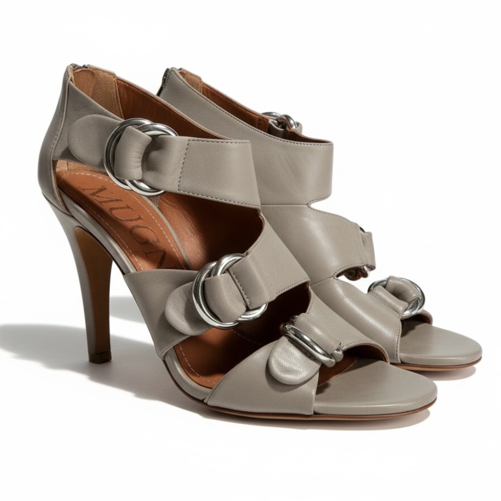 Mugnai Italian Leather High Heel Sandals Stiletto Shoes Greige Size 40 US 9
